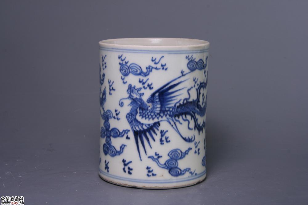 清康熙景德镇窑青花双凤纹笔筒