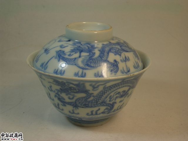 清道光 青花龙凤纹盖碗