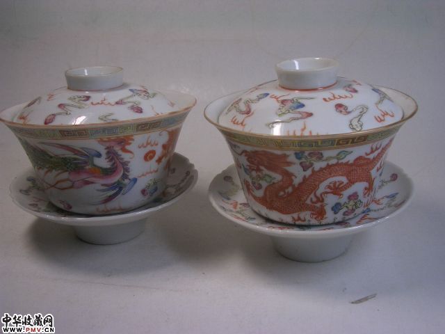 回流瓷民国三合一粉彩龙凤盖碗两套（6件）