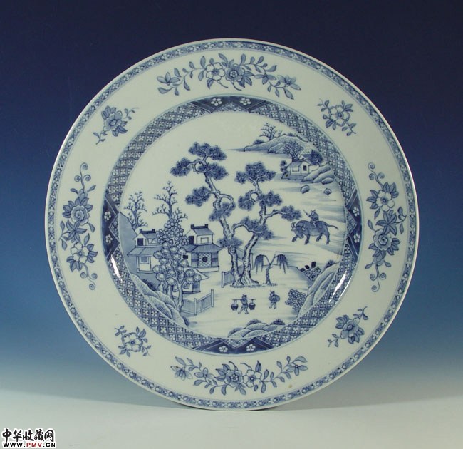 清康熙青花山水人物风景美盘29.5CM成化款