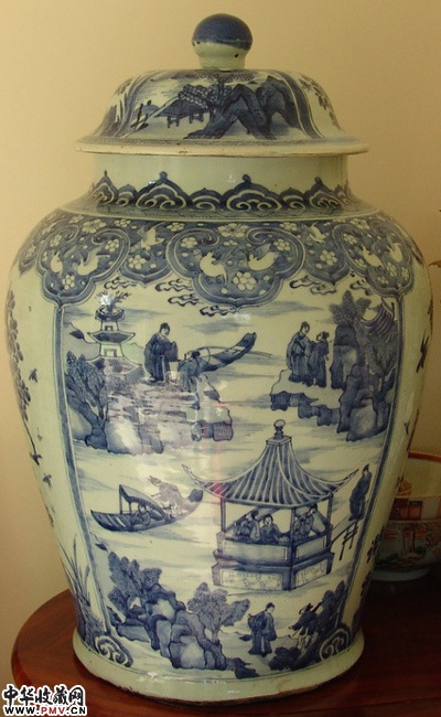 清早青花山水人物大罐