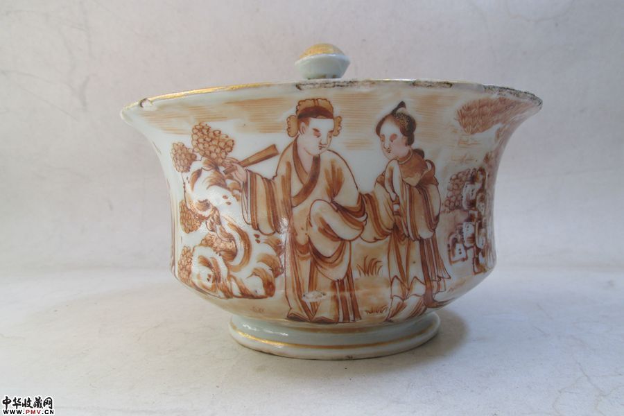 清中期  褐彩人物纹盖碗