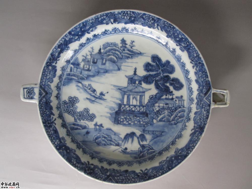 清乾隆 青花山水风景人物温盘《已售》 清乾隆 青花山水风景人物温盘《已售》