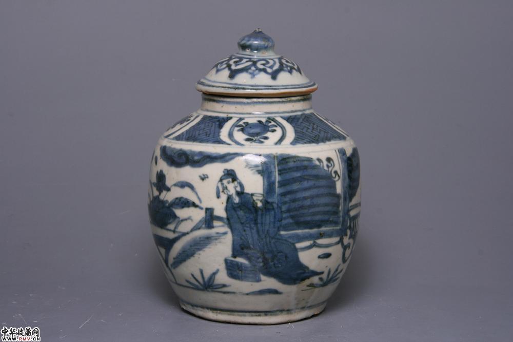 明万历景德镇窑青花人物纹盖罐