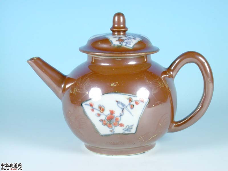 乾隆外酱青花花鸟茶壶
