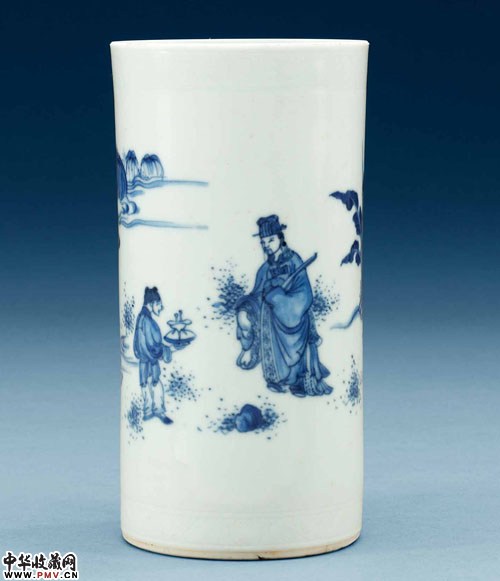崇祯青花人物纹笔筒