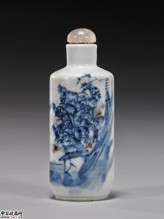 清光绪青花釉里红花鸟纹鼻烟壶