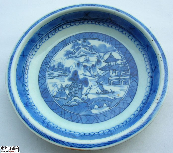 青花山水楼阁人物盘