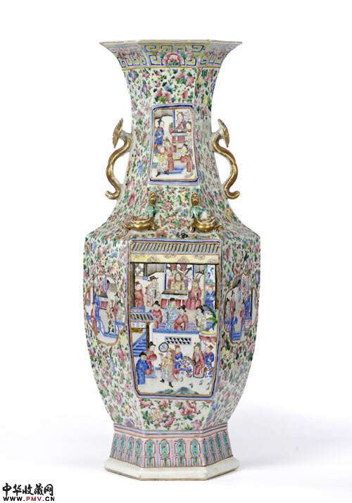 同治彩人物六方瓶