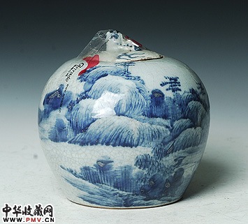 清末 哥釉青花山水人物盖罐