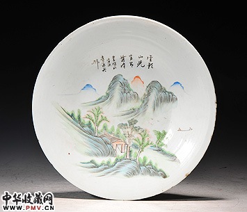 民国 浅绛彩山水人物诗文大盘