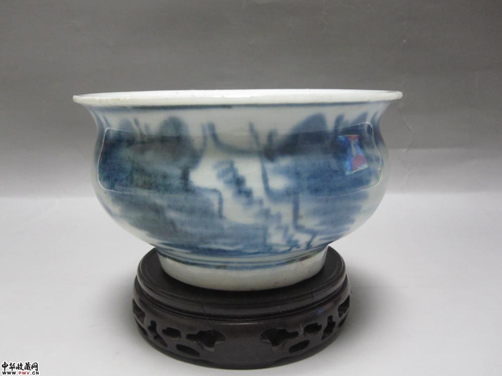 明代景德镇窑青花山水福子炉《已售》 明代景德镇窑青花山水福子炉《已售》