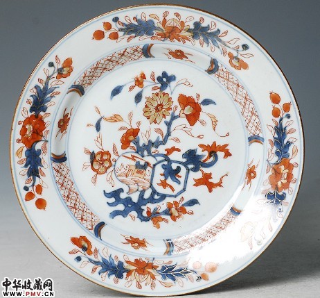 清康熙青花矾红描金花卉盘