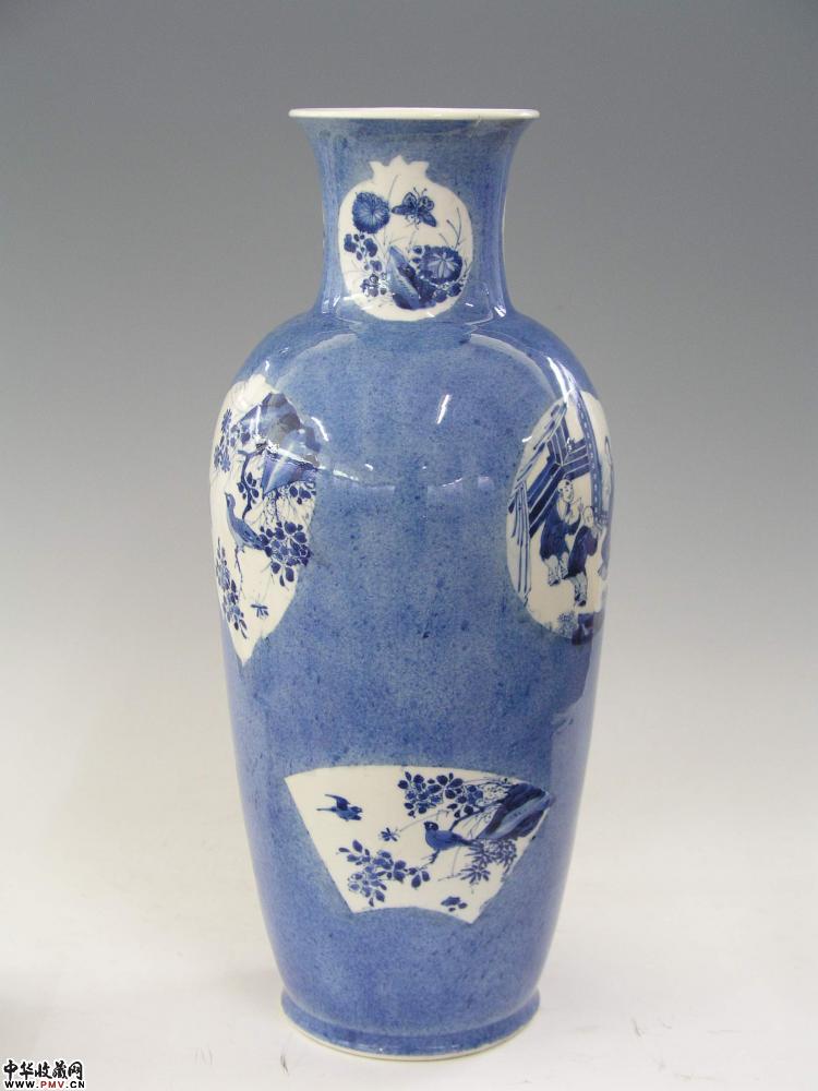 清康熙洒蓝地开光青花花鸟人物瓶藏家展厅收藏资讯|艺术家|书画家|书画