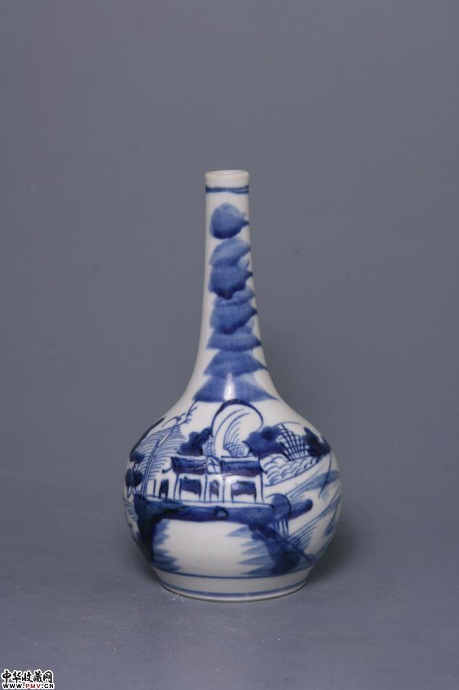 清道光景德镇窑青花山水人物纹胆瓶