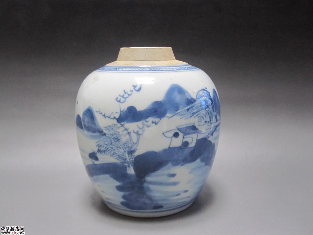 清代青花山水人物纹罐【已售】