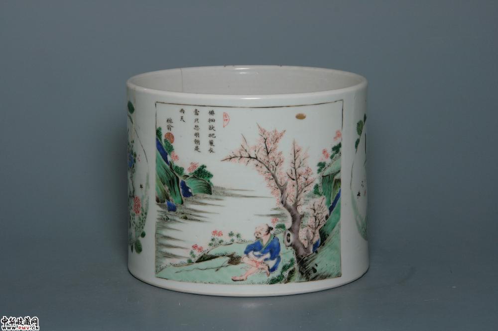 清康熙景德镇窑五彩开光山水诗文笔海