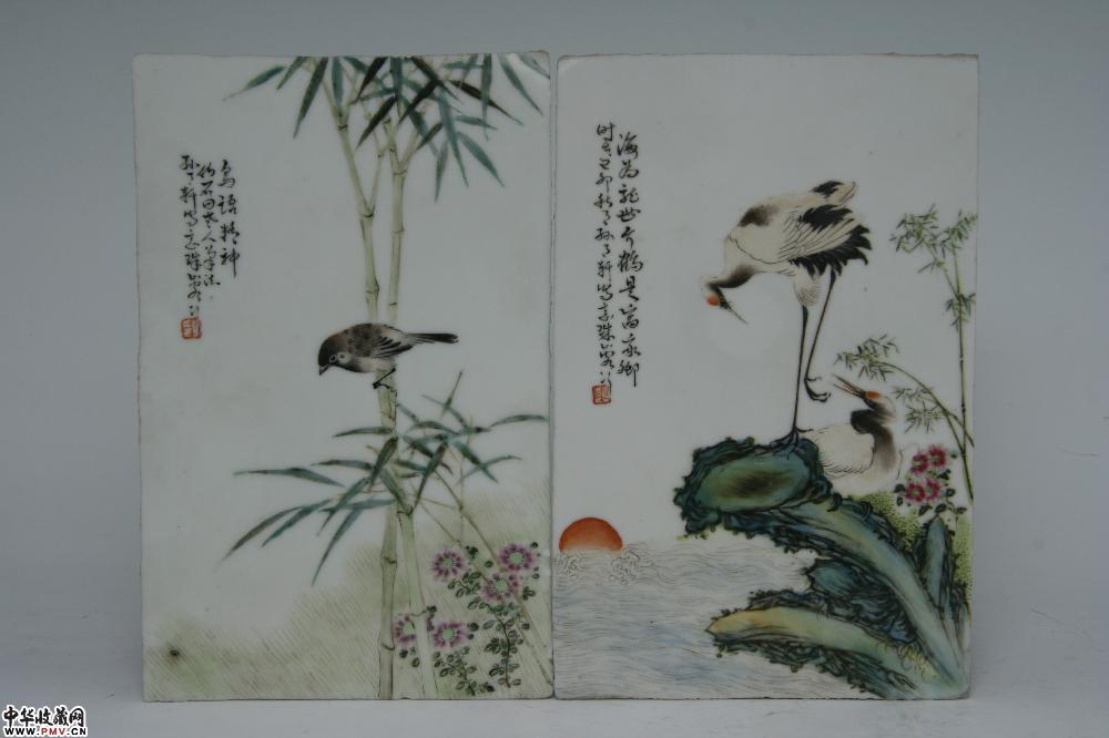 民国景德镇窑孙月轩作粉彩花鸟纹瓷板（两块）