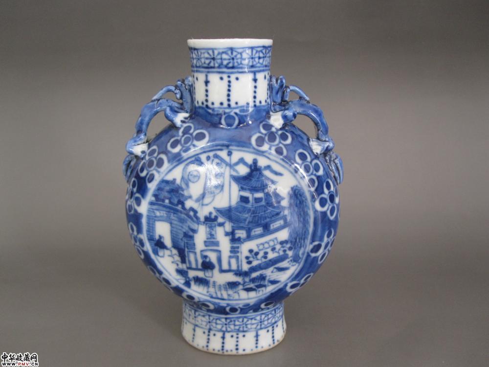 光绪青花楼阁人物图抱月瓶【已售】