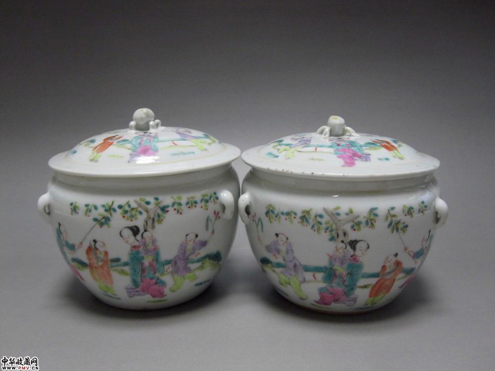 同治粉彩人物图盖罐一对