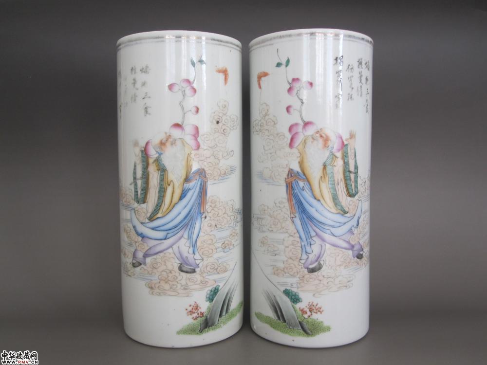 清末民初粉彩福寿人物纹帽筒一对《已售》