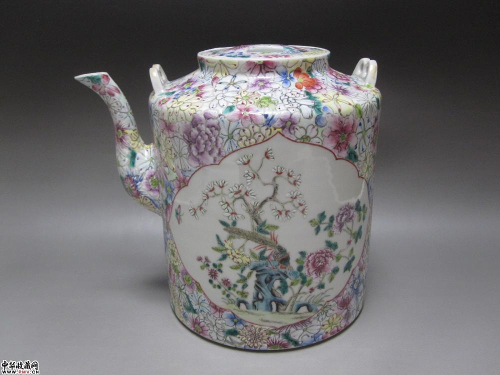 清代粉彩百花开光花鸟纹特大茶壶《已售》