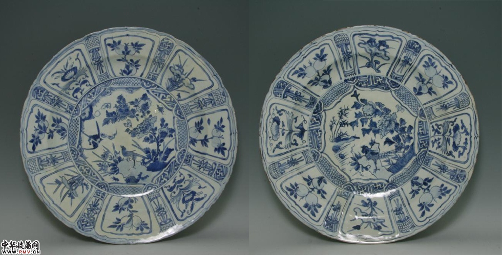 明万历景德镇窑青花菱口大盘（一对）