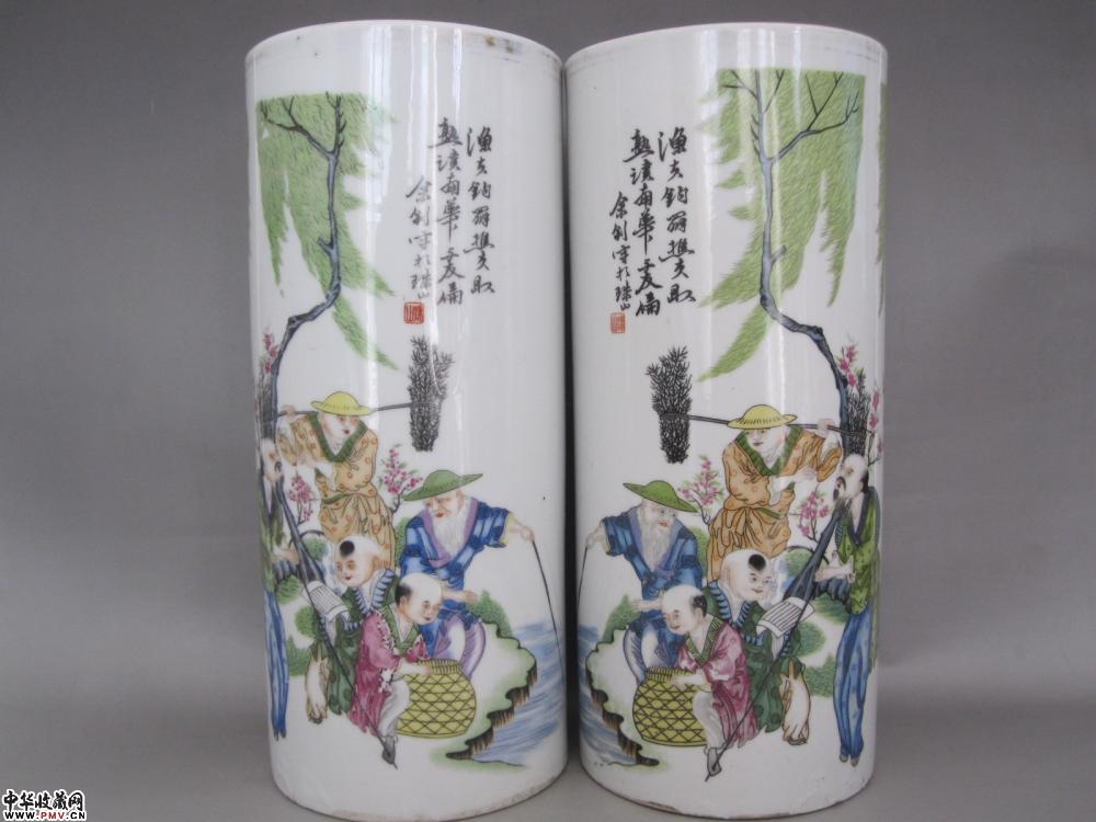 五十年代粉彩鱼樵耕读人物帽筒（一对）