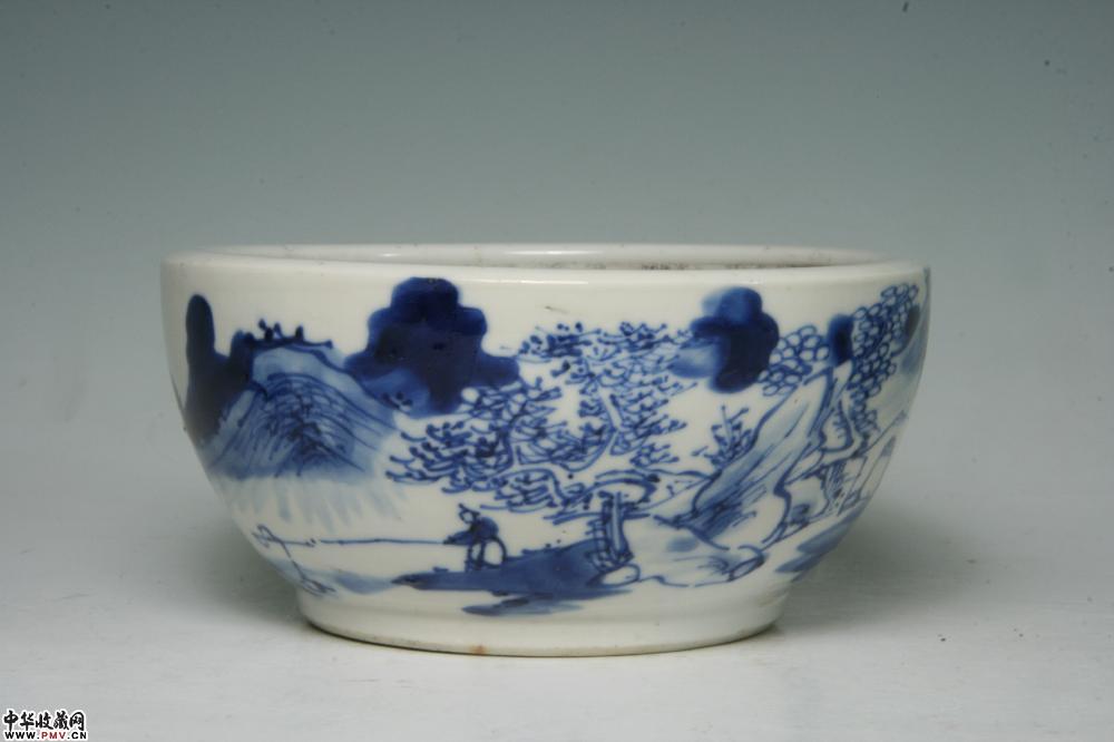 清光绪景德镇窑青花山水人物纹臼