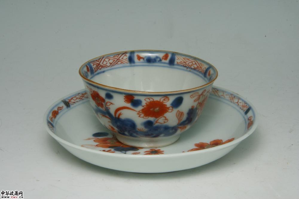 清康熙景德镇窑五彩洞石花卉纹杯碟（一套）