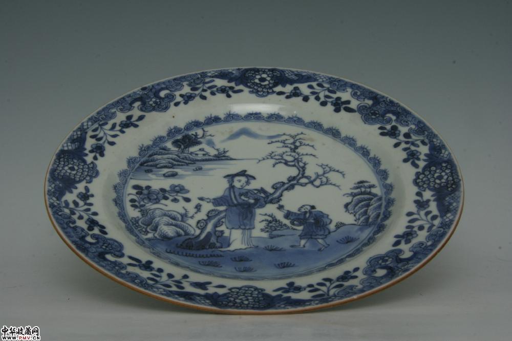 清乾隆景德镇窑青花山水人物纹酱口盘