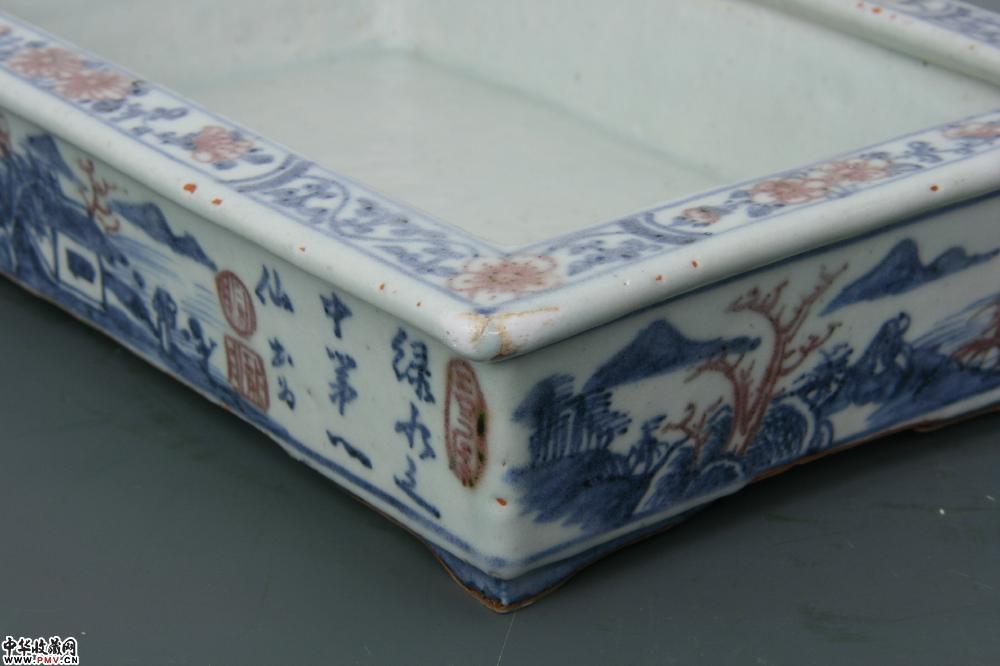 清嘉庆景德镇窑青花釉里红山水纹水仙盆