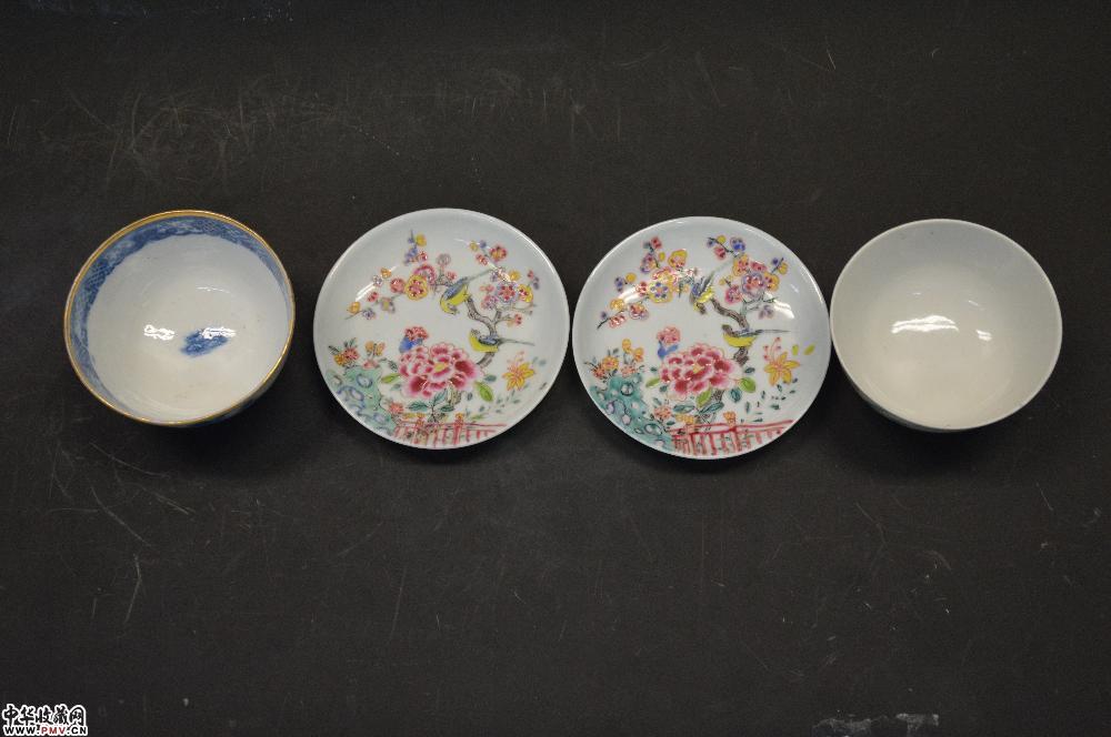 清乾隆粉彩青花杯盘(4件一套)