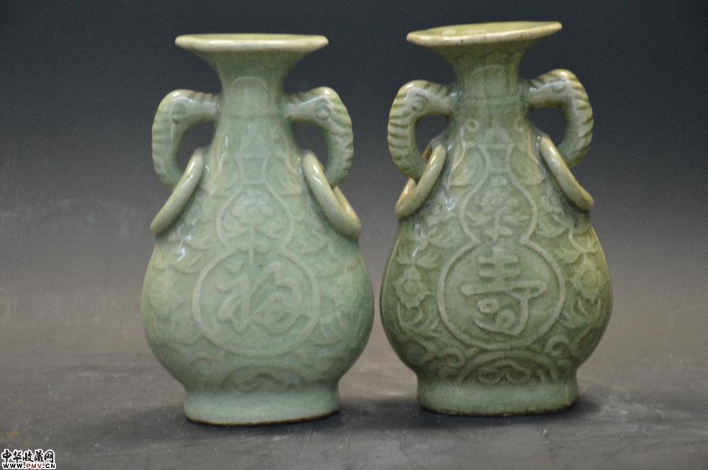 清龙泉釉福寿瓶（对）