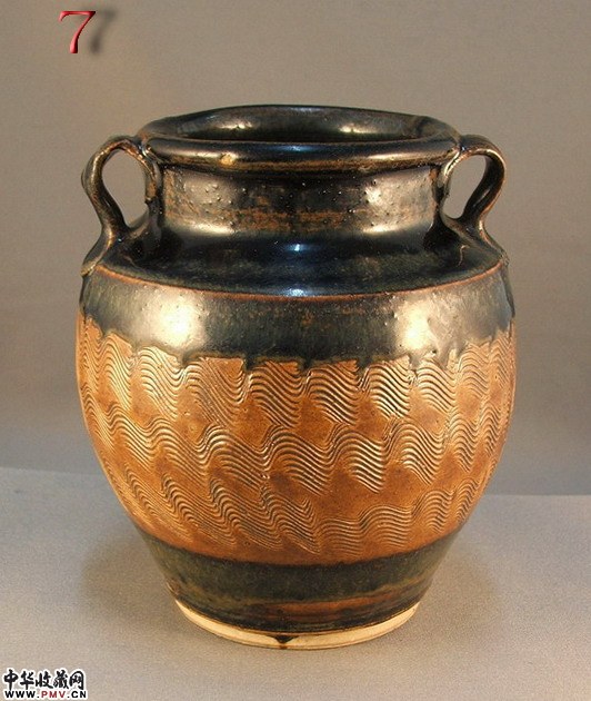 黑柿釉水波纹双系罐