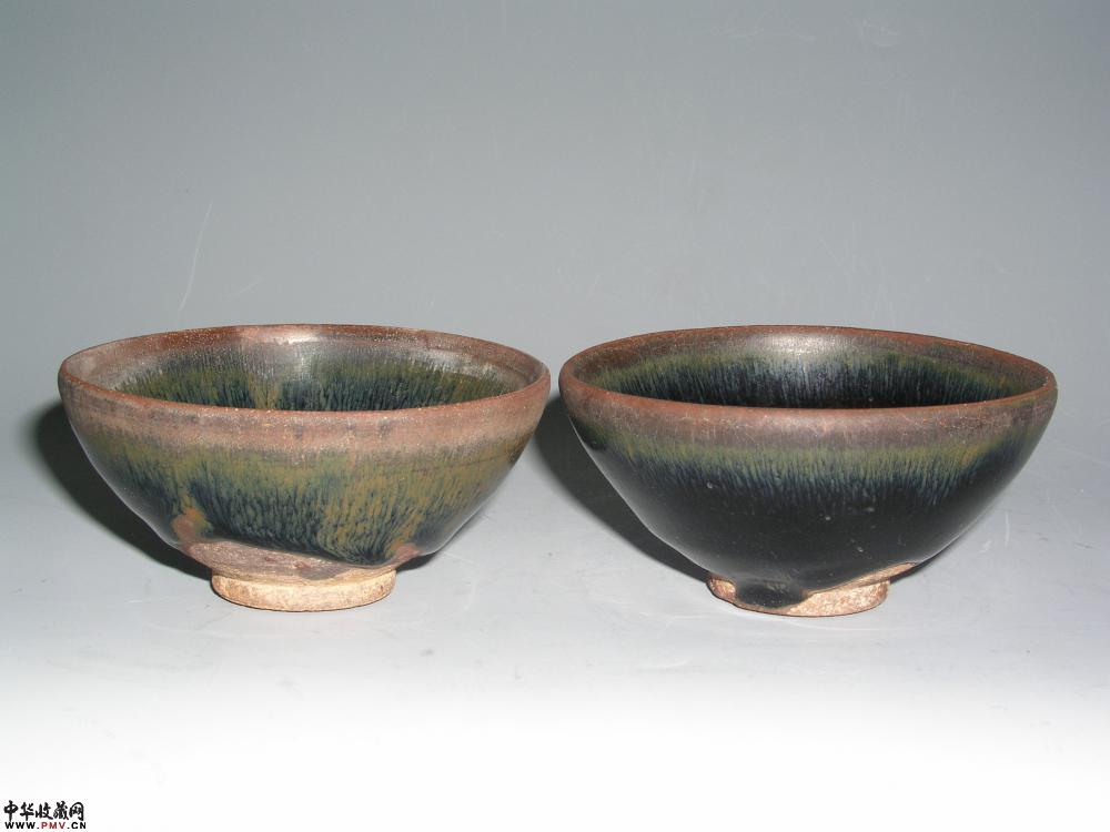 宋建窑黑釉茶盏一对