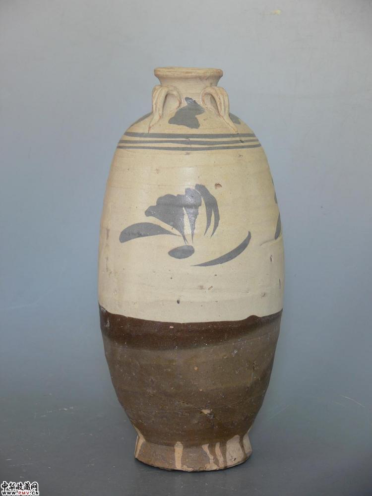 元磁州窑白地黑花花卉纹四系瓶