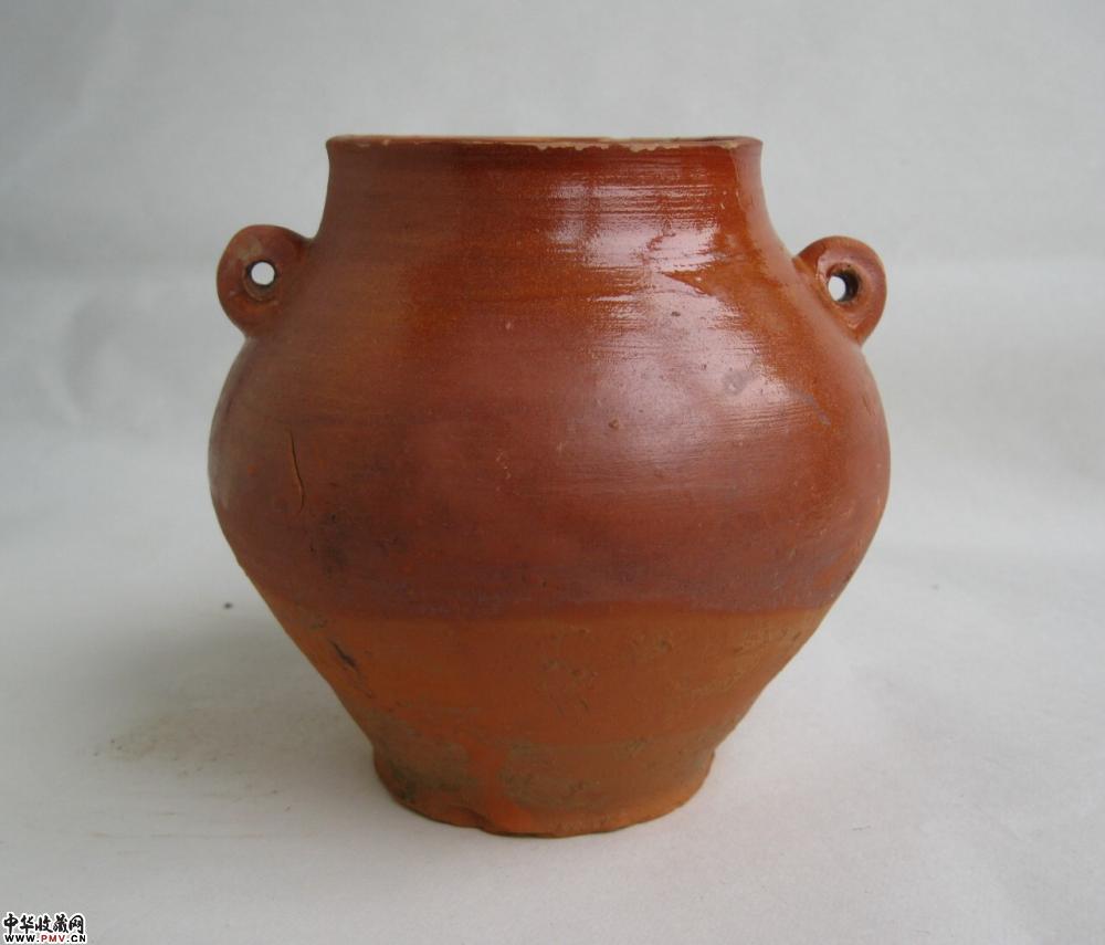 南北朝红釉双系彩罐一只