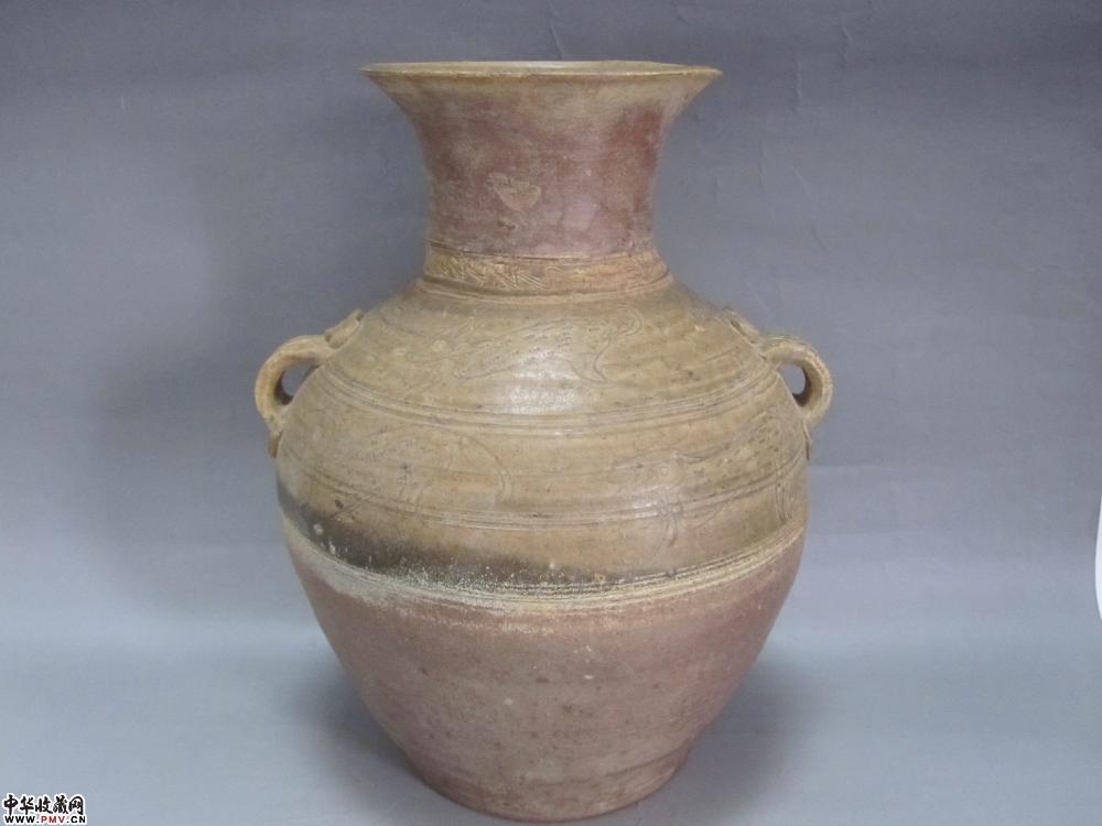 汉代青釉玄纹跑兽双系罐