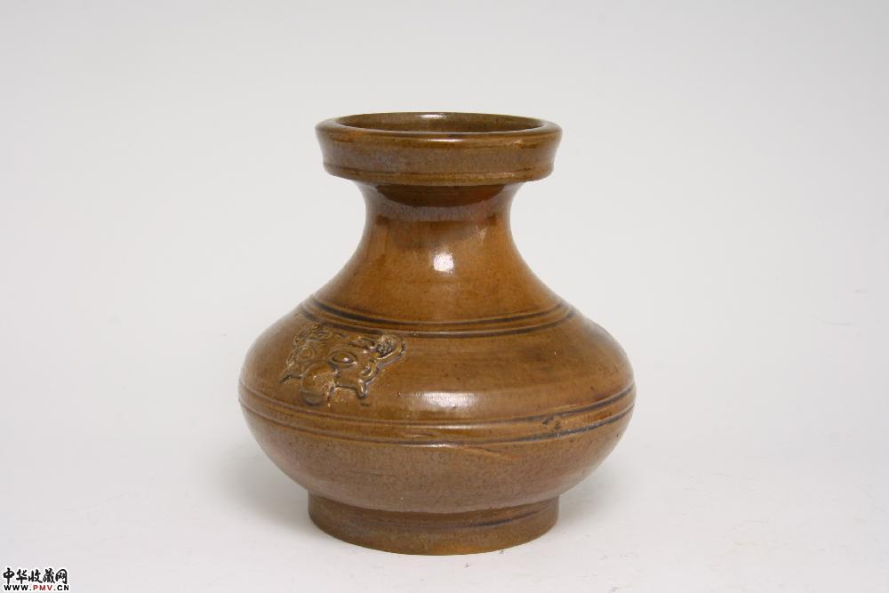 汉绿釉弦纹铺首盘口壶