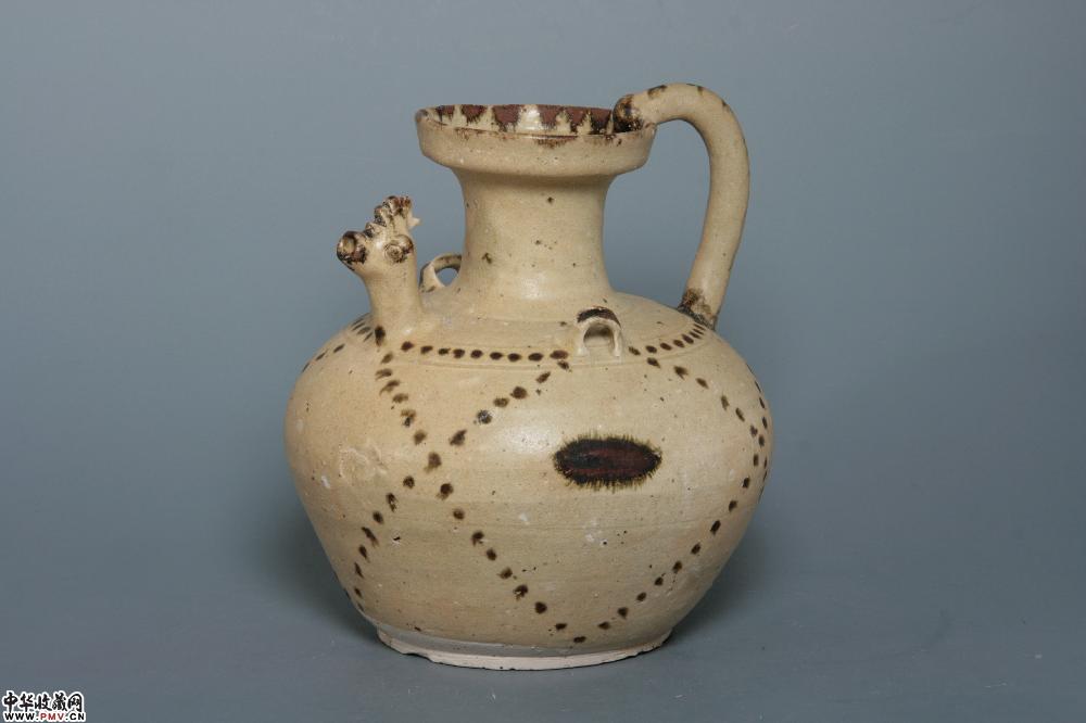 东晋青釉点彩双系盘口鸡首壶