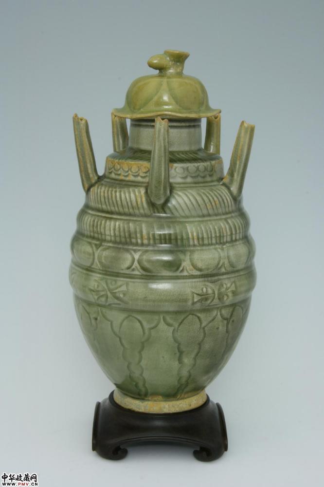 北宋龙泉窑青釉刻花五管瓶