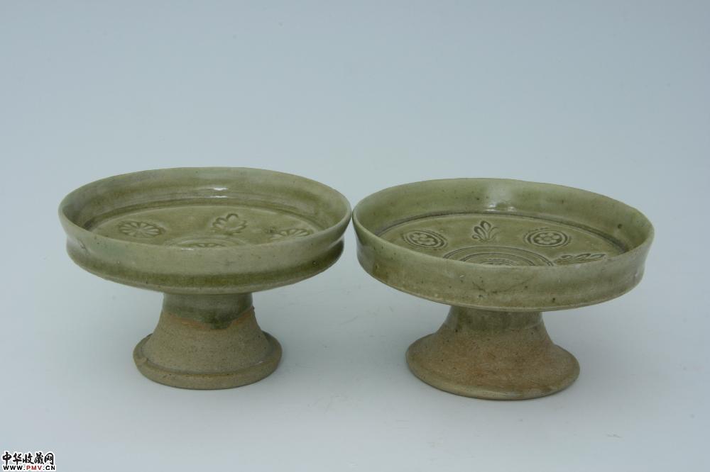 北齐安阳窑青釉印花高足豆（一对）