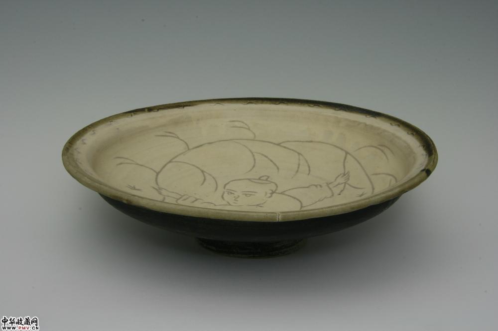 西夏灵武窑白黑釉刻划婴戏纹盘