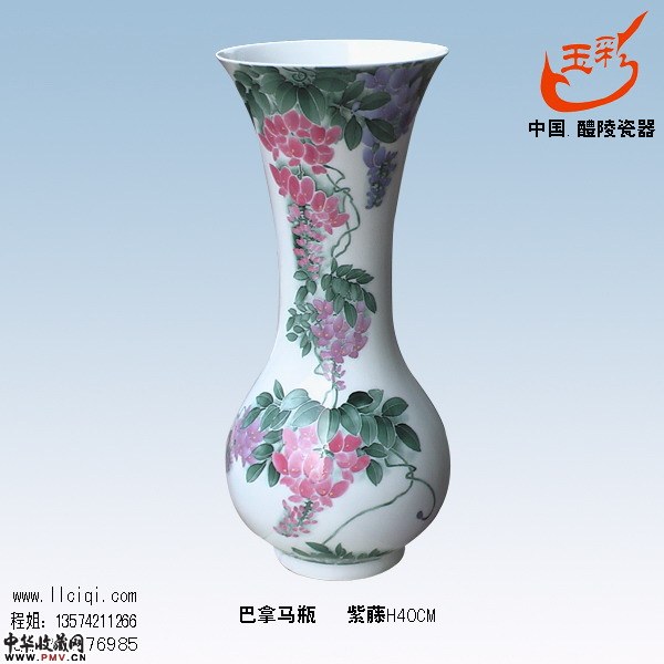 紫藤巴拿马陶瓷礼品花瓶-寓意：节节攀升，手绘釉下五彩
