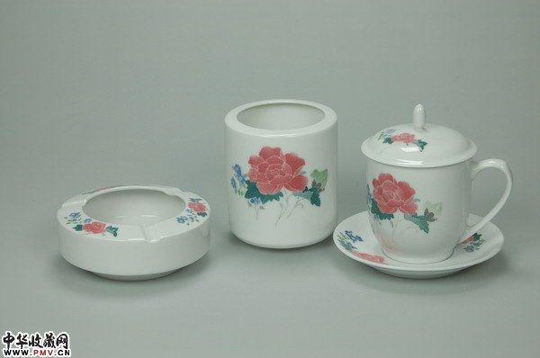 红芙蓉毛瓷4件套，高档办公文具\\毛瓷文具，醴陵瓷器