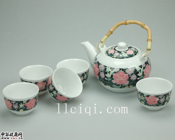 盛世繁华六头富贵茶具*黑满花六头提梁茶具