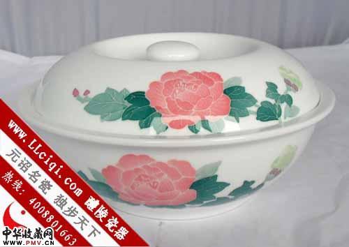 红芙蓉大汤碗（带盖），醴陵釉下五彩手绘