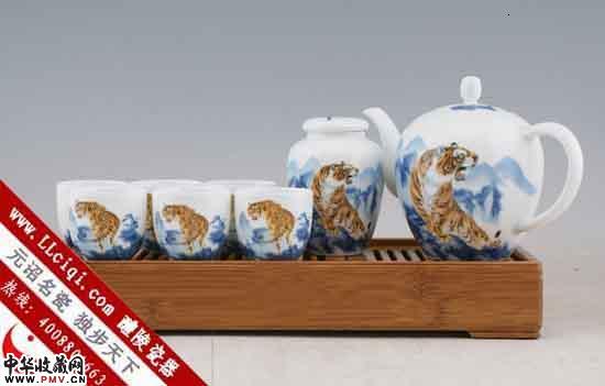 大程瓷器-醴陵釉下彩陶瓷茶具，虎行天下8头功夫茶具，高档礼品功夫茶具