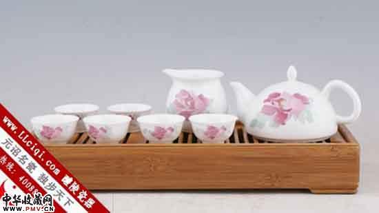 大程瓷器牡丹锥形8头功夫茶具，醴陵釉下五彩手绘功夫茶具
